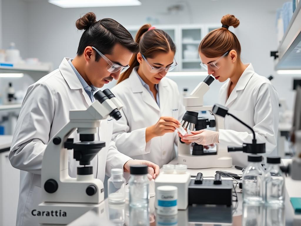Scientists in laboratory researching Carattia Cream formula