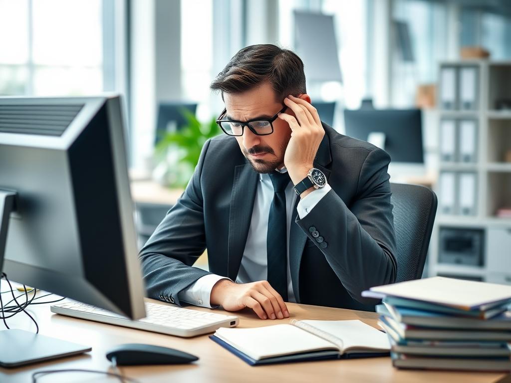 Zestresowany mężczyzna w garniturze pracujący przy komputerze