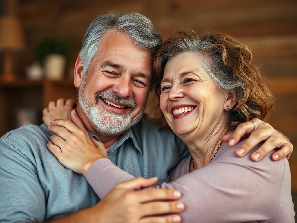 Szczęśliwa para w średnim wieku, uśmiechnięta i przytulająca się