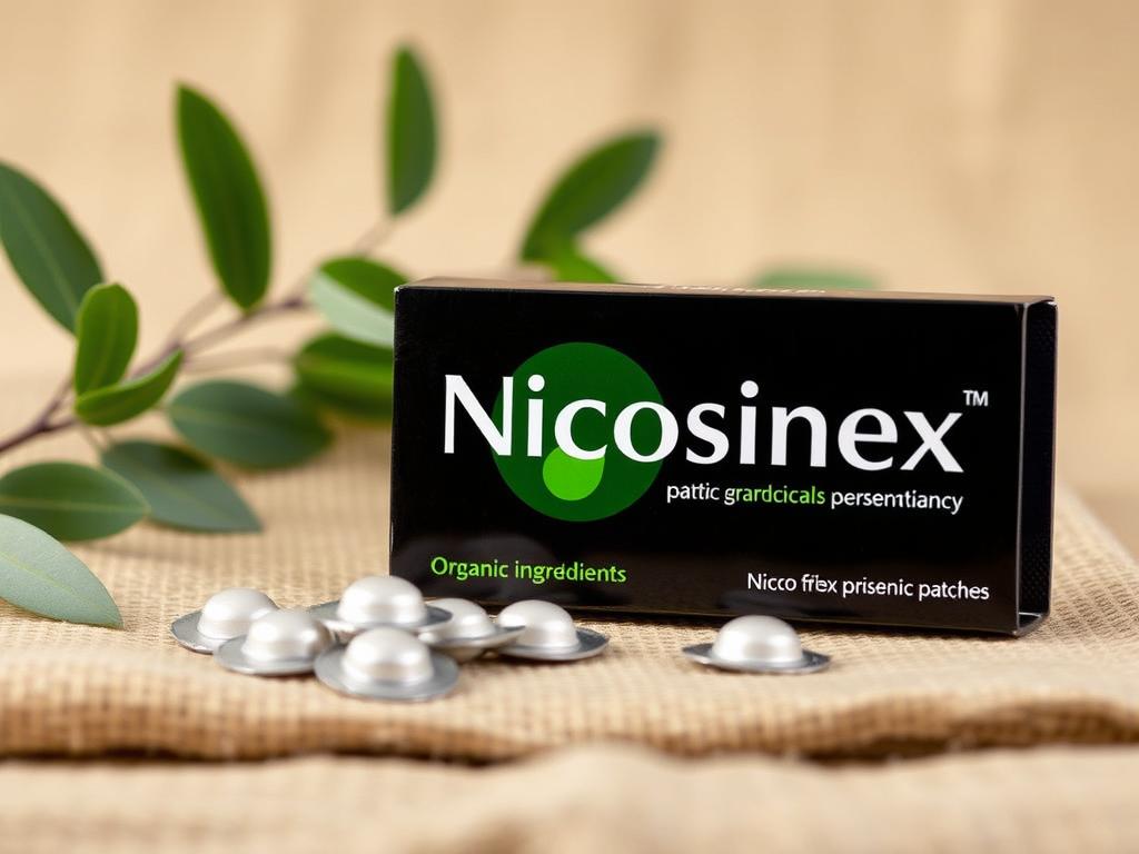 Plastry Nicosinex w eleganckim opakowaniu na naturalnym tle, podkreślającym organiczne składniki produktu