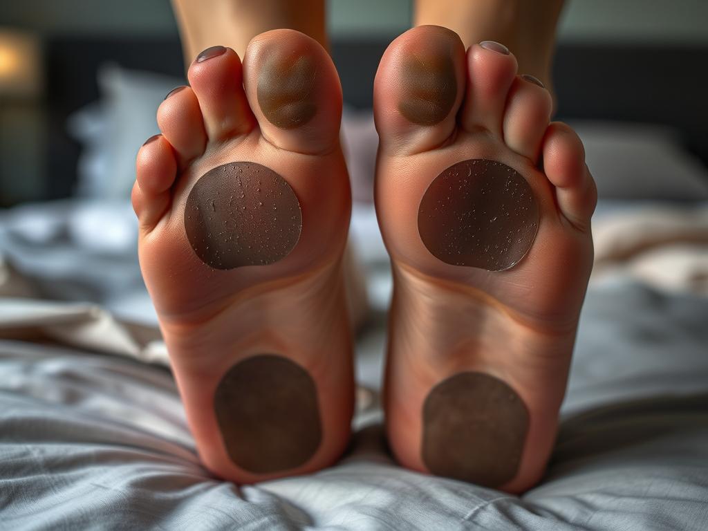 Puroxin Effect plastry przyklejone do stóp podczas detoksykacji