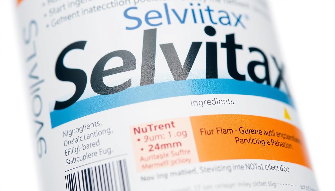 Prikaz embalaže Selvitax z informacijami o sestavinah