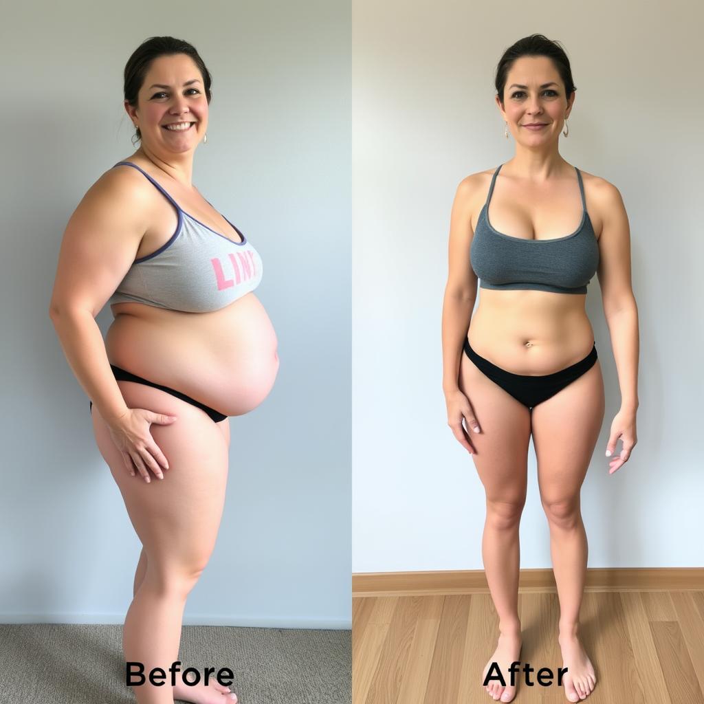 Kobieta przed i po kuracji Slimella FIT pokazująca efekty odchudzania