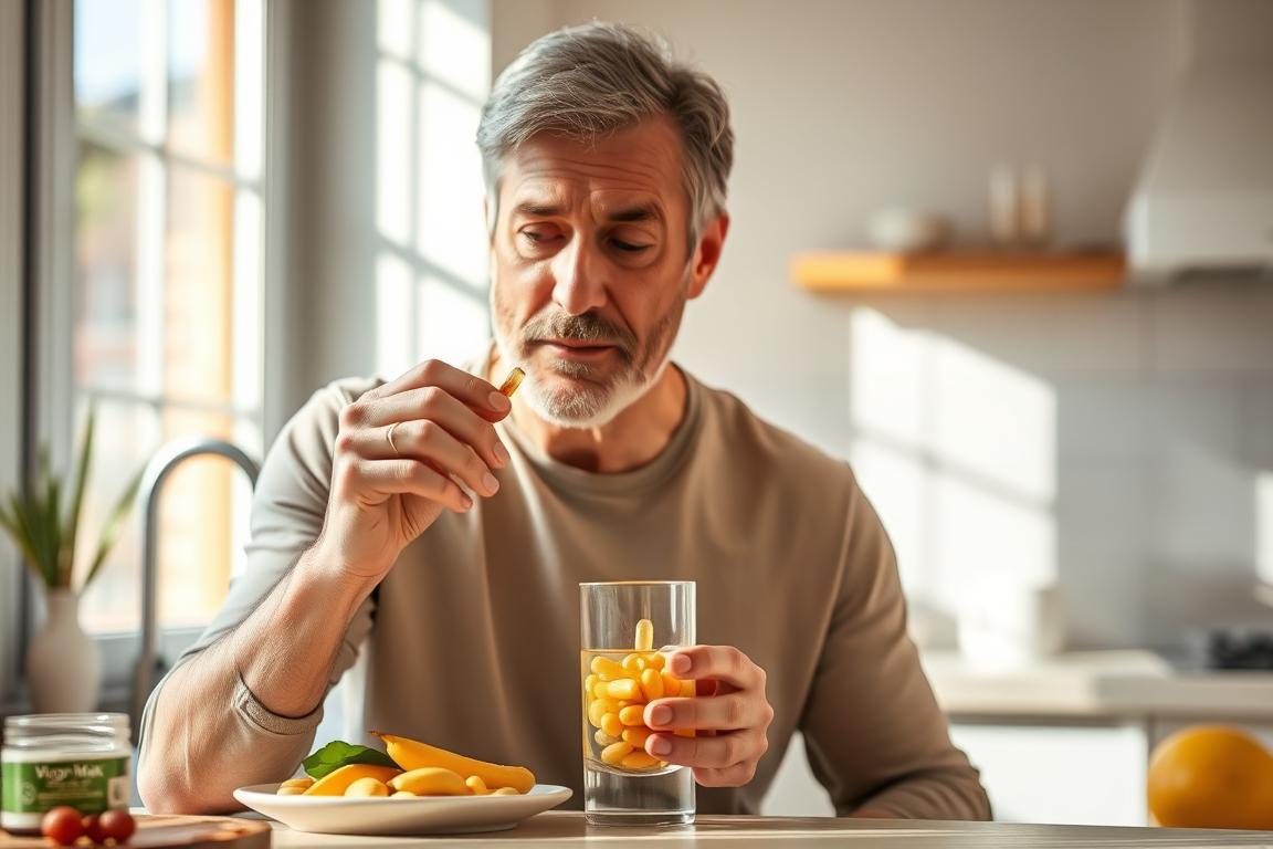 Man taking Vigor Max Nature supplement with water